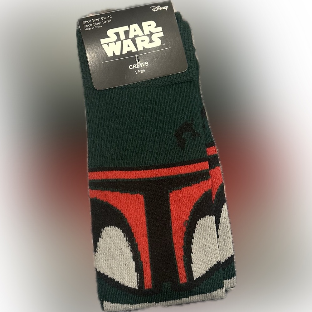Disney Star Wars The Mandalorian Boba Fett Face Crew Socks | NWT | Unisex Adult
